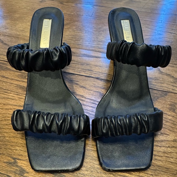 Billini Shoes - Billini Olina Black Ruched Strap Heeled Sandals Square Toe Size 9